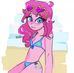 Size: 599x595 | Tagged: safe, artist:b4ddo, artist:miyuzkui, derpibooru import, pinkie pie, equestria girls, bikini, blue bikini, blue swimsuit, clothes, ear piercing, earring, female, heart shaped glasses, heart sunglasses, image, jewelry, looking at you, messy hair, piercing, png, solo, swimsuit