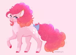 Size: 2136x1556 | Tagged: safe, artist:nyota71, derpibooru import, pinkie pie, earth pony, pony, alternate hairstyle, belly fluff, body markings, bow, chest fluff, colored hooves, ear fluff, female, image, looking at you, mare, multicolored hair, png, redesign, smiling, solo, spots, tail bow, tongue out