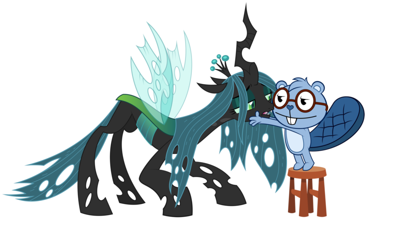 Size: 3307x1860 | Tagged: safe, artist:culu-bluebeaver, derpibooru import, queen chrysalis, oc, oc:culu, beaver, changeling, changeling queen, canon x oc, cartoon, chair, crown, digital, digital art, fanart, female, glasses, happy tree friends, horn, image, jewelry, looking at each other, male, open mouth, png, regalia, simple background, smiling, straight, transparent background, vector, wings