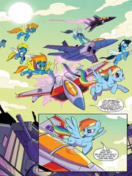 Size: 768x1024 | Tagged: safe, artist:priscilla tramontano, derpibooru import, idw, blaze, high winds, lightning streak, rainbow dash, soarin', spitfire, pegasus, spoiler:comic, spoiler:the magic of cybertron02, clothes, cybertronian, decepticon, female, flying, image, jpeg, male, skywarp, starscream, the magic of cybertron, thundercracker, transformers, uniform, wonderbolts, wonderbolts uniform