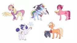 Size: 3500x1968 | Tagged: safe, artist:28gooddays, derpibooru import, applejack, fluttershy, pinkie pie, rainbow dash, rarity, bald eagle, bird, eagle, earth pony, falcon, hawk, pegasus, pony, unicorn, magical mystery cure, alternate hairstyle, alternate universe, apple, apple pie, applejack is not amused, bags under eyes, belt, bomber jacket, braided tail, clothes, cloud, cloud sculpting, collar, eyeshadow, falconer, food, glasses, goggles, grin, hair bun, headset, image, jacket, magic, makeup, neckerchief, necktie, party planning, pie, png, short hair, short mane, skirt, smiling, suit, swapped cutie marks, unamused, wing hands, wings