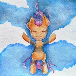 Size: 1024x1024 | Tagged: safe, artist:0okami-0ni, derpibooru import, scootaloo, pegasus, pony, cloud, ear fluff, eyes closed, female, filly, image, jpeg, sky, solo, solo female, spread wings, traditional art, water, watercolor painting, wings