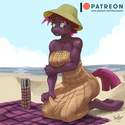 Size: 900x900 | Tagged: safe, artist:kevinsano, derpibooru import, tempest shadow, anthro, unguligrade anthro, unicorn, my little pony: the movie, angry, beach, breasts, broken horn, busty tempest shadow, cleavage, clothes, dress, eye scar, female, flask, horn, image, kneeling, muscles, muscular female, pecs, png, scar, solo, sundress, tempest shadow is not amused, temple shadow, thermos, unamused