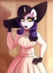 Size: 1600x2200 | Tagged: safe, artist:shadowreindeer, derpibooru import, rarity, anthro, cigarette, cigarette holder, clothes, crossover, dress, ear piercing, earring, eyeshadow, fangs, gloves, hat, image, jewelry, jpeg, lady dimitrescu, makeup, necklace, piercing, resident evil 8, smoking