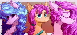 Size: 4096x1866 | Tagged: safe, artist:willdrawhere, derpibooru import, izzy moonbow, sunny starscout, earth pony, pegasus, pony, unicorn, eyes closed, g5, image, jpeg, looking at you, pip, smiling