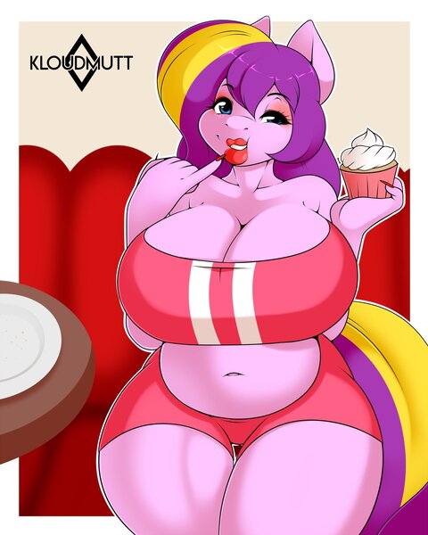 Size: 1200x1500 | Tagged: safe, artist:kloudmutt, derpibooru import, oc, unofficial characters only, anthro, earth pony, belly button, big breasts, big lips, breasts, chubby, clothes, couch, cupcake, digital art, eating, female, food, image, jpeg, sitting, solo, solo female, sports bra, table, tail, thighs, wide hips