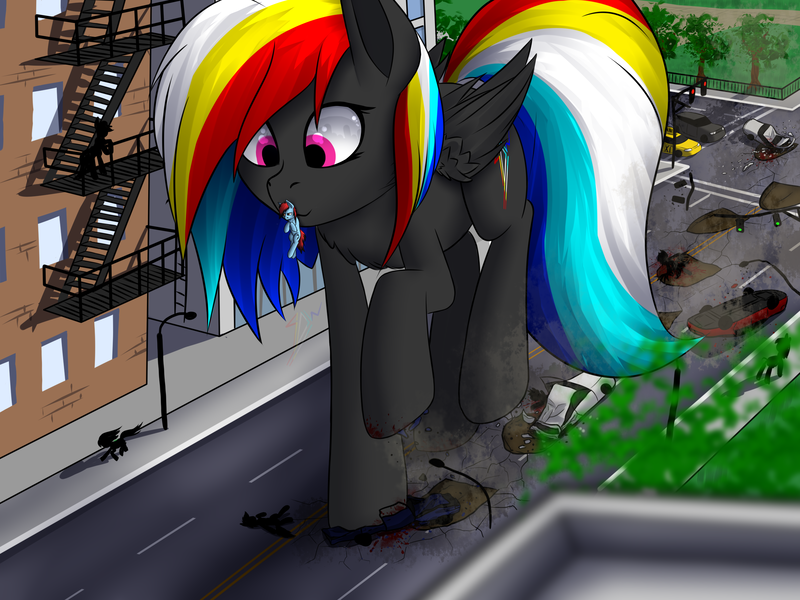 Size: 2560x1920 | Tagged: grimdark, artist:skanim-sdw, derpibooru import, oc, oc:darky wings, oc:genka, unofficial characters only, earth pony, pegasus, pony, building, car, city, commission, crush fetish, crushed, crushing, destruction, female, fetish, giant pony, giantess, hoofprints, image, looking down, macro, male, micro, mouth hold, png, stomping, traffic light, tree, unaware