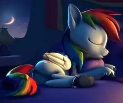 Size: 2490x2082 | Tagged: safe, artist:psfmer, derpibooru import, rainbow dash, pegasus, pony, 3d, bed, butt, dock, eyes closed, female, hug, image, lamp, lying down, mare, moon, open mouth, pillow, pillow hug, plot, png, side, sky, sleeping, source filmmaker, stars