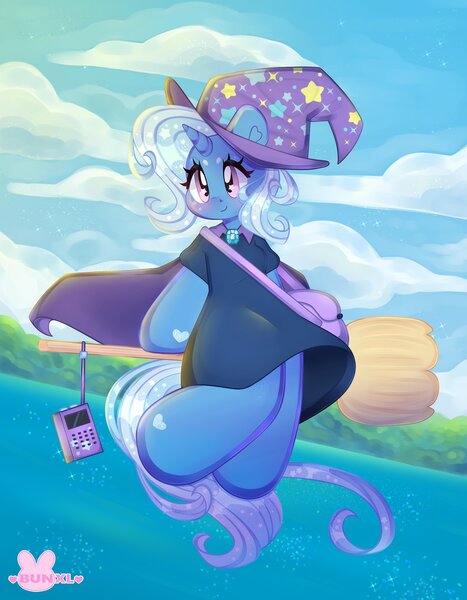 Size: 3186x4096 | Tagged: safe, artist:bunxl, derpibooru import, trixie, anthro, unicorn, blushing, broom, cape, clothes, cute, diatrixes, dress, female, flying, hat, heart, hoof hands, image, jpeg, kiki's delivery service, music notes, purse, radio, smiling, solo, trixie's cape, trixie's hat, witch, witch broom