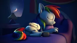 Size: 3840x2160 | Tagged: safe, alternate version, artist:psfmer, derpibooru import, rainbow dash, pegasus, pony, 3d, bed, butt, dock, eyes closed, female, hug, image, lamp, lying down, mare, moon, open mouth, pillow, pillow hug, plot, png, rainbutt dash, side, sky, sleeping, source filmmaker, stars, unshorn fetlocks