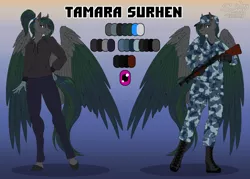 Size: 1400x1000 | Tagged: safe, artist:sunny way, derpibooru import, oc, oc:tamara surhen, anthro, hippogriff, anthro hippogriff, art, artwork, clothes, cute, digital art, female, finished commission, finishedcommission, gun, image, military, my little pony, png, reference, reference sheet, smiling, weapon, wings