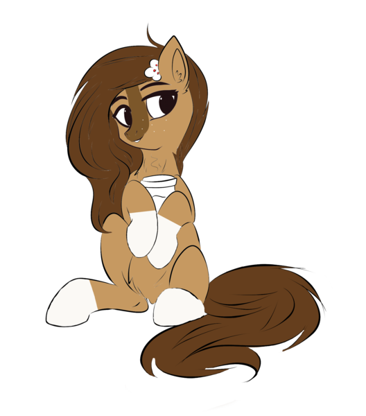 Size: 1761x2000 | Tagged: artist needed, safe, color edit, derpibooru import, edit, oc, oc:cocoa, unofficial characters only, earth pony, pony, coffee cup, colored, cup, earth pony oc, female, flower, flower in hair, image, mare, png, sitting, sketch, socks (coat marking)