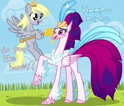 Size: 6969x5994 | Tagged: safe, artist:kmlp, derpibooru import, derpy hooves, queen novo, classical hippogriff, hippogriff, pegasus, pony, my little pony: the movie, absurd resolution, blushing, derpibooru exclusive, dialogue, duo, food, honey, image, muffin, png, smiling, vector