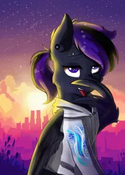 Size: 1575x2199 | Tagged: suggestive, artist:yuris, derpibooru import, oc, oc:nero, unofficial characters only, pegasus, pony, alternate character, city, cleaning, clothes, commission, hoodie, image, language, male, piercing, png, purple eyes, smiling, solo, sun, sunset, tail, ych result