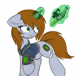 Size: 1824x1797 | Tagged: safe, artist:blackjackpone, artist:krash42, color edit, derpibooru import, edit, oc, oc:littlepip, unofficial characters only, pony, unicorn, fallout equestria, bandage, clothes, colored, cut, female, gun, handgun, horn, image, jpeg, levitation, magic, mare, pipbuck, revolver, simple background, sketch, solo, solo female, telekinesis, vault suit, weapon, white background