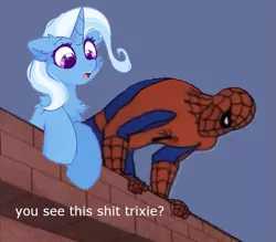 Size: 617x541 | Tagged: safe, artist:mirtash, derpibooru import, edit, trixie, pony, unicorn, 60s spider-man, caption, dialogue, female, image, image macro, mare, meme, png, reaction image, spider-man, text, vulgar, you seeing this shit