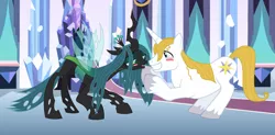 Size: 1280x632 | Tagged: safe, artist:themexicanpunisher, derpibooru import, prince blueblood, queen chrysalis, bluesalis, blushing, female, image, jpeg, male, shipping, straight