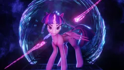 Size: 3840x2160 | Tagged: safe, artist:valiant studios, derpibooru import, twilight sparkle, twilight sparkle (alicorn), alicorn, pony, 3d, angry, blender, chopsticks, dimensional shift, energy sword, female, image, mare, platform, png, rift gate, solo, sword, weapon