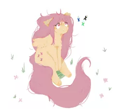 Size: 1000x900 | Tagged: safe, artist:fawndishsoap, derpibooru import, fluttershy, butterfly, insect, pegasus, pony, female, floppy ears, fluffy, grass, image, looking at something, looking up, mare, pink eyes, png, sitting, solo, three quarter view, wings, wrong eye color