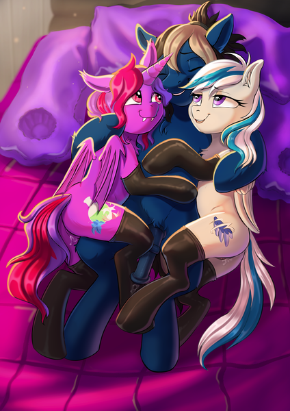 Size: 2894x4093 | Tagged: explicit, artist:puke-o, derpibooru import, oc, oc:crescent eclipse, oc:lady lightning strike, oc:violet rose ze vampony, alicorn, bat pony, bat pony alicorn, earth pony, pegasus, bat wings, clothes, creampie, cuddling, cum, horn, image, latex, latex socks, png, socks, wings