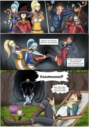 Size: 3541x5016 | Tagged: safe, artist:symptom99, derpibooru import, oc, oc:mazin, human, comic:eureka! let's isekai, equestria girls, absurd resolution, anime, aqua (konosuba), cave, clothes, comic, crying, cuddling, darkness (konosuba), eyes closed, female, grope, hape, hat, headphones, hug, image, isekai, konosuba, male, megumin, miniskirt, open mouth, personal space invasion, png, relaxing, satou kazuma, skirt, speech bubble, this will end in hugs, witch hat