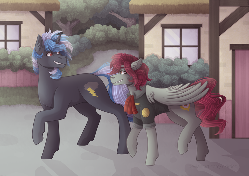 Size: 4960x3507 | Tagged: safe, artist:kikirdcz, derpibooru import, oc, oc:shadow dust, unofficial characters only, pegasus, pony, unicorn, clothes, image, male, png, stallion