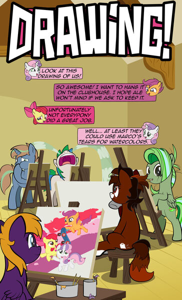 Size: 1920x3168 | Tagged: safe, artist:alexdti, derpibooru import, apple bloom, scootaloo, sweetie belle, oc, oc:ale, oc:java, oc:marco, oc:screwpine, oc:umberto, earth pony, pegasus, pony, unicorn, comic:quest for friendship, cutie mark crusaders, female, filly, high res, horn, image, jpeg, male, mare, pegasus oc, stallion, unicorn oc, wings