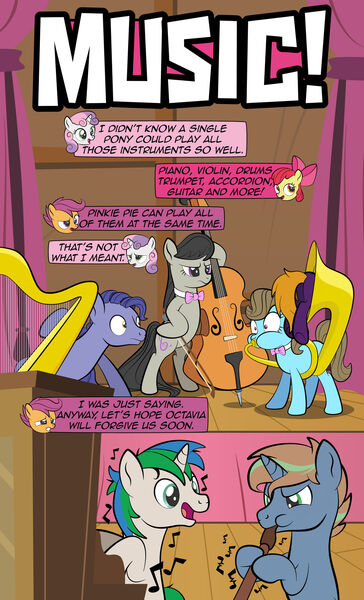 Size: 1920x3168 | Tagged: safe, artist:alexdti, derpibooru import, apple bloom, beauty brass, octavia melody, scootaloo, sweetie belle, oc, oc:ale, oc:marco, oc:umberto, pony, comic:quest for friendship, cutie mark, cutie mark crusaders, flute, image, jpeg, musical instrument, organ