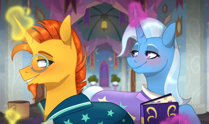 Size: 1280x761 | Tagged: safe, artist:primrosepaper, derpibooru import, sunburst, trixie, pony, unicorn, blushing, book, cape, clothes, counselor trixie, female, image, jpeg, male, mug, school of friendship, shipping, straight, trixburst, vice headmare sunburst