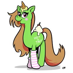 Size: 1024x1024 | Tagged: safe, artist:catfood-mcfly, oc, oc:pudding mare, goo, goo pony, original species, pony, unicorn, bootleg, bootleg pony, cherry, clothes, female, food, ice cream, ice cream cone, image, looking at you, mare, png, simple background, socks, solo, standing, tongue out, transparent background