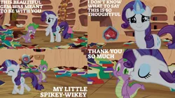 Size: 1280x720 | Tagged: safe, derpibooru import, edit, edited screencap, editor:quoterific, screencap, rarity, spike, dragon, pony, unicorn, secret of my excess, book, cute, duo, eyes closed, female, floppy ears, gem, golden oaks library, image, kissing, library, magic, male, mare, open mouth, png, raribetes, smiling, stallion, telekinesis, walking