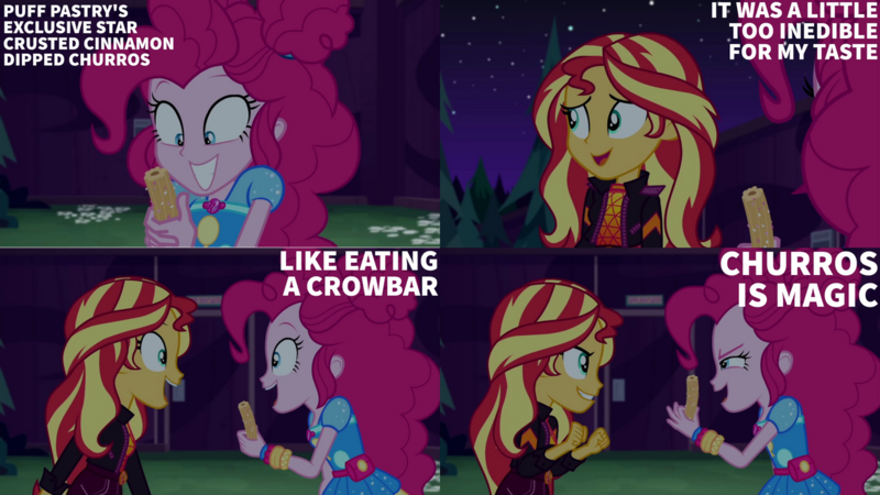 Size: 1280x720 | Tagged: safe, derpibooru import, edit, edited screencap, editor:quoterific, screencap, pinkie pie, sunset shimmer, human, equestria girls, equestria girls series, sunset's backstage pass!, spoiler:eqg series (season 2), churros, clothes, crowbar, cutie mark, cutie mark on clothes, duo, duo female, female, food, geode of empathy, geode of sugar bombs, image, magical geodes, music festival outfit, night, open mouth, png, smiling, teeth