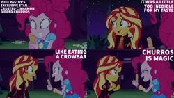 Size: 1280x720 | Tagged: safe, derpibooru import, edit, edited screencap, editor:quoterific, screencap, pinkie pie, sunset shimmer, human, equestria girls, equestria girls series, sunset's backstage pass!, spoiler:eqg series (season 2), churros, clothes, crowbar, cutie mark, cutie mark on clothes, duo, duo female, female, food, geode of empathy, geode of sugar bombs, image, magical geodes, music festival outfit, night, open mouth, png, smiling, teeth