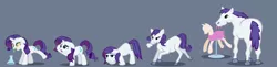Size: 1800x437 | Tagged: safe, artist:magerblutooth, derpibooru import, rarity, horse, pony, unicorn, bottle, bubble, butt, clothes, commission, dress, female, feral, floppy ears, gray background, horsified, image, intelligence loss, lidded eyes, looking back, mannequin, mare, mental shift, munching, open mouth, png, potion, rearity, show accurate, simple background, snorting, story included, swirly eyes, transformation, transformation sequence, vector