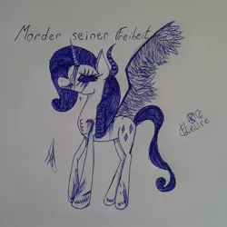 Size: 1080x1080 | Tagged: safe, artist:shards_of_black_glass, derpibooru import, rarity, alicorn, pony, lil-miss rarity, eye scar, female, horn, image, jpeg, mare, scar, traditional art, wings