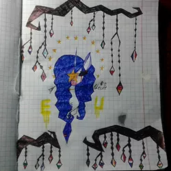 Size: 1080x1080 | Tagged: safe, artist:shards_of_black_glass, derpibooru import, oc, unofficial characters only, pony, unicorn, black sclera, bust, graph paper, hair over one eye, horn, image, jpeg, solo, traditional art, unicorn oc