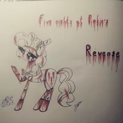 Size: 768x768 | Tagged: semi-grimdark, artist:shards_of_black_glass, derpibooru import, earth pony, pony, animatronic, blood, female, five nights at freddy's, image, jpeg, mare, raised hoof, solo, traditional art