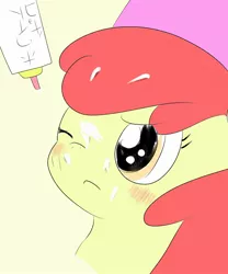 Size: 1701x2048 | Tagged: artist needed, safe, derpibooru import, apple bloom, earth pony, pony, blushing, closed eye, female, filly, glue, image, japanese, jpeg, messy, moon runes, one eye closed, solo, upset