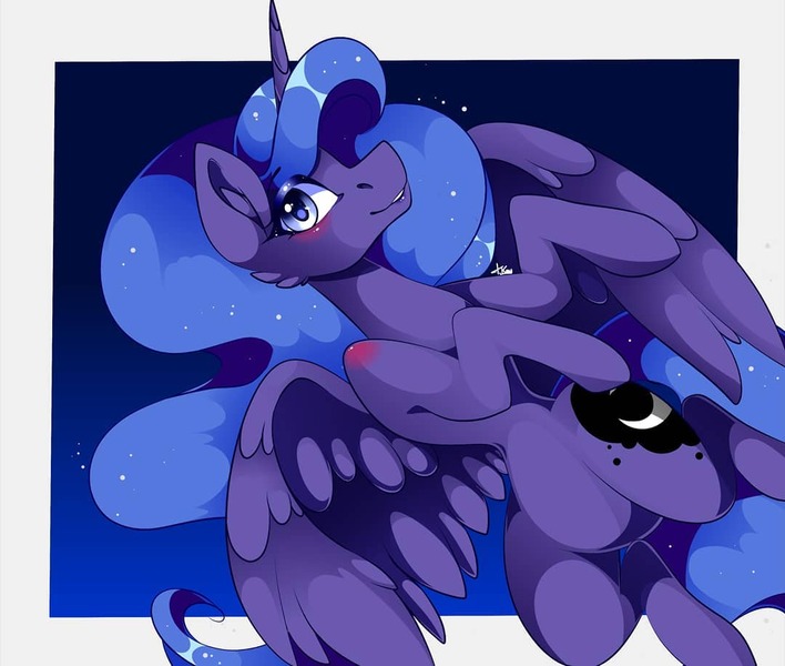 Size: 1080x915 | Tagged: safe, artist:tessa_key_, derpibooru import, princess luna, alicorn, pony, abstract background, female, horn, image, jpeg, mare, missing accessory, signature, smiling, solo, wings