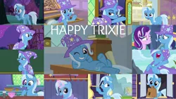 Size: 1280x720 | Tagged: safe, derpibooru import, editor:quoterific, screencap, starlight glimmer, trixie, a horse shoe-in, all bottled up, a matter of principals, boast busters, magic duel, no second prances, the ending of the end, to change a changeling, to where and back again, uncommon bond, bag, collage, cup, image, mouth hold, one eye closed, png, saddle bag, teacup, wink