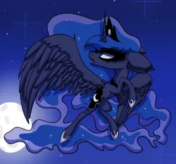 Size: 1080x1005 | Tagged: safe, artist:shycookieq, derpibooru import, princess luna, alicorn, pony, collaboration, ear fluff, eyelashes, female, full moon, hoof shoes, horn, image, jewelry, looking back, mare, moon, night, peytral, png, stars, tiara, wings