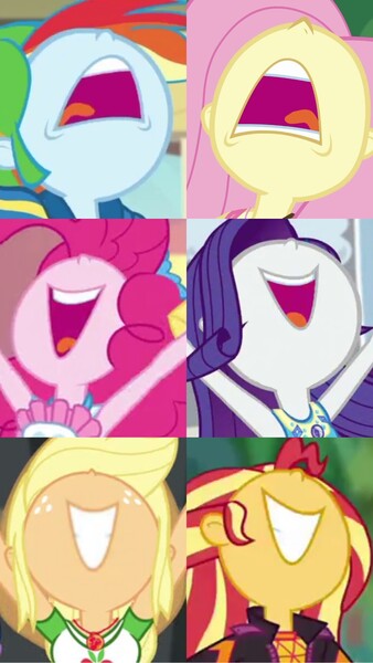 Size: 1288x2289 | Tagged: safe, derpibooru import, screencap, applejack, fluttershy, pinkie pie, rainbow dash, rarity, sunset shimmer, equestria girls, equestria girls series, holidays unwrapped, rollercoaster of friendship, the last day of school, wake up!, spoiler:eqg series (season 2), aaugh!, cropped, grin, humane five, image, jpeg, nose in the air, smiling, volumetric mouth, wake up!: pinkie pie