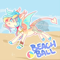 Size: 500x500 | Tagged: safe, artist:lavvythejackalope, derpibooru import, oc, unofficial characters only, bat pony, pony, bat pony oc, bat wings, beach, beach ball, fangs, image, png, smiling, solo, wings