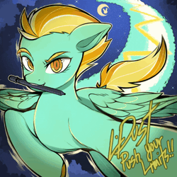 Size: 600x600 | Tagged: safe, artist:sugarelement, derpibooru import, lightning dust, pegasus, pony, animated, female, gif, image, mare, markers, moon, night, quote, signature, solo, traditional art