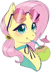 Size: 2239x3152 | Tagged: safe, artist:taytinabelle, derpibooru import, fluttershy, pegasus, pony, blushing, bust, chest fluff, clothes, coconut, collar, cute, drinking, drinking straw, ear fluff, female, food, hairclip, high res, image, looking at you, mare, png, simple background, solo, sunglasses, sunglasses on head, swimsuit, transparent background