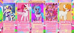 Size: 1510x684 | Tagged: safe, artist:lilpinkghost, derpibooru import, oc, alicorn, earth pony, pegasus, pony, unicorn, bluehair, caption, chibi, commission, curly hair, cute, female, image, image macro, male, mare, paypal, pinkhair, png, sketch, sticker, text