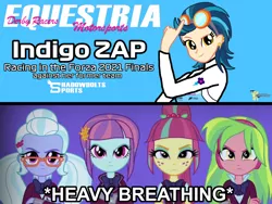 Size: 2160x1620 | Tagged: safe, artist:forzaveteranenigma, derpibooru import, indigo zap, lemon zest, sour sweet, sugarcoat, sunny flare, fanfic:equestria motorsports, fanfic:shadowbolts racing, equestria girls, angry, betrayal, betrayed, clothes, cutie mark, cutie mark on clothes, forza motorsport, image, png, racing suit, serious, serious face, shadowbolts, simple background, watermark, youtube link in the description