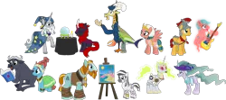 Size: 4715x2088 | Tagged: safe, artist:shadymeadow95, derpibooru import, flash magnus, meadowbrook, mistmane, rockhoof, somnambula, star swirl the bearded, oc, oc:bunduki, oc:graveyard grim, oc:msanii, oc:plasma stream, oc:screech, oc:vampire eclipse, buffalo, draconequus, ghoul, kirin, pony, robot, robot pony, undead, zebra, canvas, crystal ball, guitar, hat, image, musical instrument, pillars of equestria, png