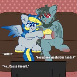 Size: 2000x2000 | Tagged: safe, artist:etoz, derpibooru import, oc, oc:ange hightower, oc:mystery iris, unofficial characters only, bat pony, pegasus, pony, bat pony oc, bat wings, clothes, commission, couch, dialogue, fangs, female, food, happy, image, male, mare, pegasus oc, png, popcorn, scarf, sitting, smiling, stallion, television, text, wings