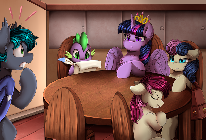 Size: 2933x1998 | Tagged: safe, artist:pridark, derpibooru import, bon bon, roseluck, spike, sweetie drops, twilight sparkle, twilight sparkle (alicorn), oc, alicorn, bat pony, dragon, pony, angry, bat pony oc, bat wings, chair, chest fluff, commission, crown, eyes closed, feather, guard, image, jewelry, png, regalia, sitting, table, trouble, wings